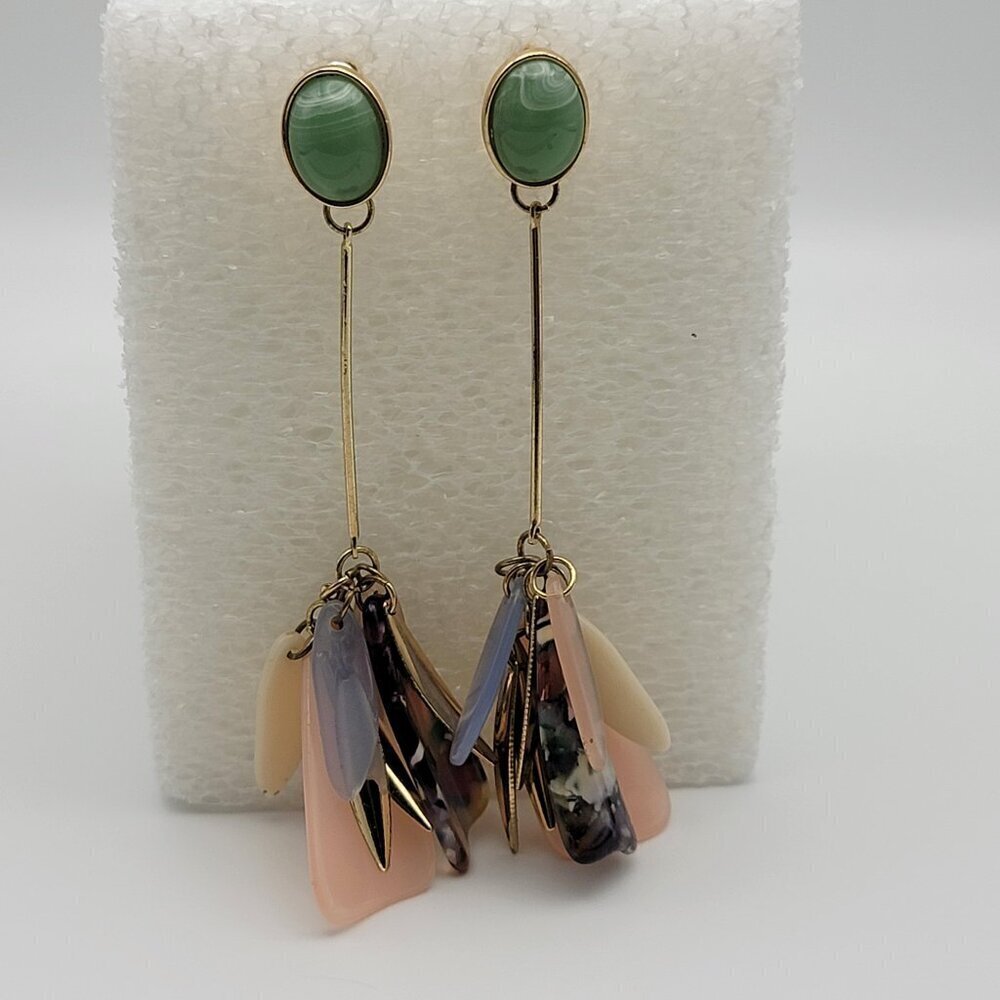 Jade Multicolor Agate Charm Dangle Earrings Gold-Tone 4 Inch Pierced Post